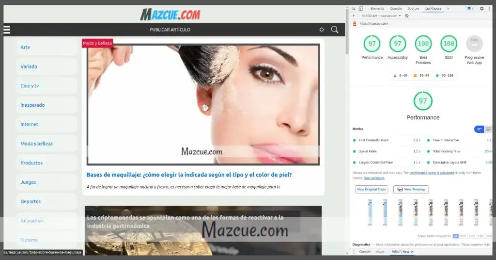Imagen: métricas de google para Mazcue.com con puntuación excelente