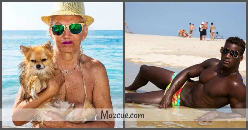 Mujer vieja con perro en brazos / Hombre de color tirado en la playa